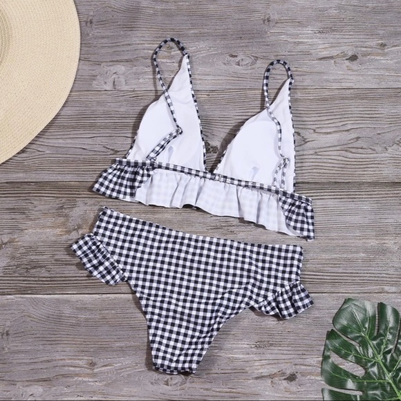 Black White Plaid Ruffle Bikini Swimsuit - Picture 4 of 5